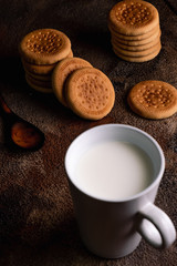 Fresh milk with homemade cookies on a wooden table, dark background.