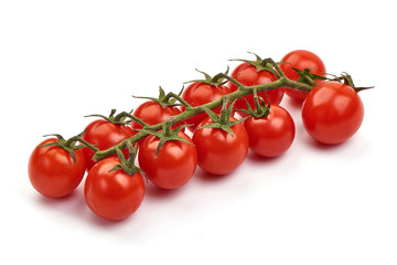 Ripe fresh organic cherry tomatoes, isolated on white background