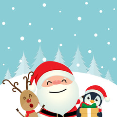 Holiday Christmas greeting card with Santa Claus, reindeer and Penguins cartoon. Vector illustration