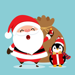 Holiday Christmas greeting card with Santa Claus, and Penguin cartoon. Vector illustration