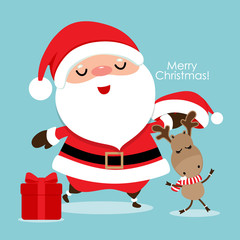Holiday Christmas greeting card with Santa Claus, and reindeer. Vector illustration