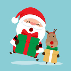 Holiday Christmas greeting card with Santa Claus, and reindeer. Vector illustration
