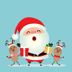 Holiday Christmas greeting card with Santa Claus, and reindeer. Vector illustration