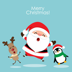 Holiday Christmas greeting card with Santa Claus, reindeer and Penguin cartoon. Vector illustration
