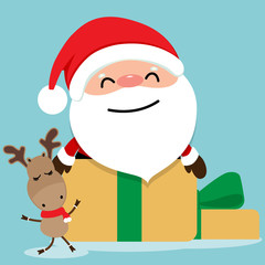 Holiday Christmas greeting card with Santa Claus, and reindeer. Vector illustration