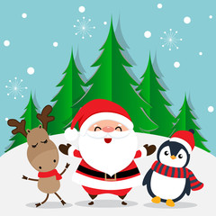 Holiday Christmas greeting card with Santa Claus, reindeer and Penguin cartoon. Vector illustration