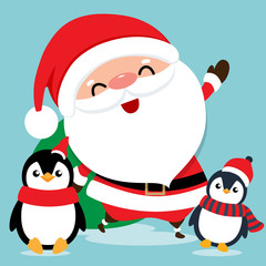 Holiday Christmas greeting card with Santa Claus and Penguins cartoon. Vector illustration