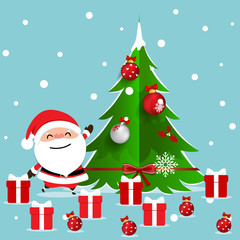 Christmas Greeting Card with Christmas Santa Claus and Christmas tree, vector illustration