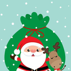 Holiday Christmas greeting card with Santa Claus, and reindeer. Vector illustration