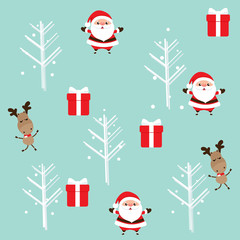 Holiday Christmas greeting card with Santa Claus, and reindeer. Vector illustration