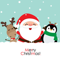 Holiday Christmas greeting card with Santa Claus, reindeer and Penguin cartoon. Vector illustration