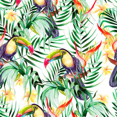 Beautiful watercolor seamless pattern with tropical leaves and bird tukan, hibiscus flowers and strelitzia.  © knopazyzy