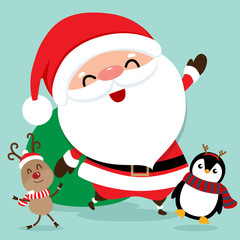 Holiday Christmas greeting card with Santa Claus, reindeer and Penguin cartoon. Vector illustration