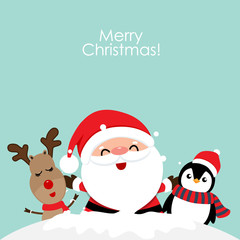 Holiday Christmas greeting card with Santa Claus, reindeer and Penguin cartoon. Vector illustration