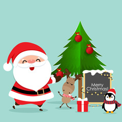 Holiday Christmas greeting card with Santa Claus, reindeer and Penguin cartoon. Vector illustration