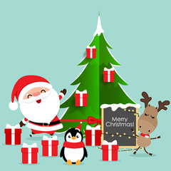 Holiday Christmas greeting card with Santa Claus, reindeer and Penguin cartoon. Vector illustration