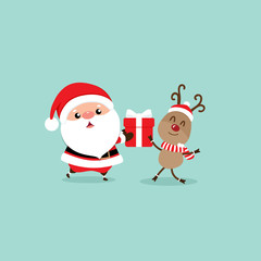 Holiday Christmas greeting card with Santa Claus, and reindeer. Vector illustration