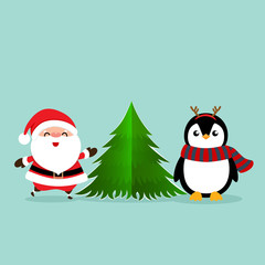 Holiday Christmas greeting card with Santa Claus, and Penguin cartoon. Vector illustration