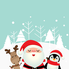 Holiday Christmas greeting card with Santa Claus, reindeer and Penguin cartoon. Vector illustration