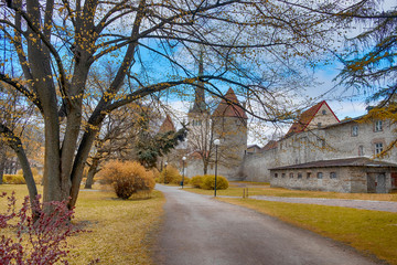 Tallinn city Estonia An old castle with towers surrounds the historic center   autumn city landscape