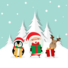 Holiday Christmas greeting card with Santa Claus, reindeer and Penguin cartoon. Vector illustration