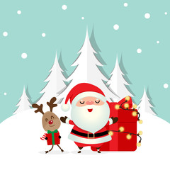 Holiday Christmas greeting card with Santa Claus, and reindeer. Vector illustration