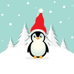 Holiday Christmas greeting card with Penguin cartoon. Vector illustration