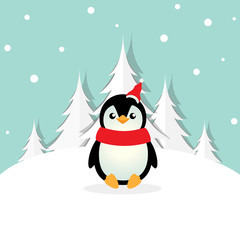 Holiday Christmas greeting card with Penguin cartoon. Vector illustration