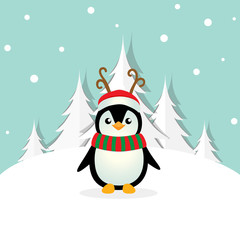 Holiday Christmas greeting card with Penguin cartoon. Vector illustration