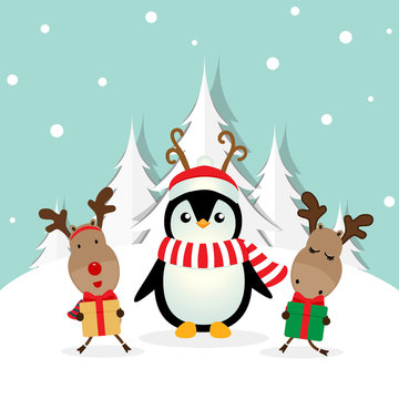 Holiday Christmas greeting card with Santa Claus, reindeer and Penguins cartoon. Vector illustration