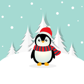 Holiday Christmas greeting card with Penguin cartoon. Vector illustration