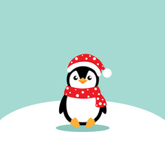 Holiday Christmas greeting card with Penguin cartoon. Vector illustration