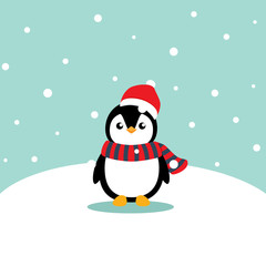 Holiday Christmas greeting card with Penguin cartoon. Vector illustration