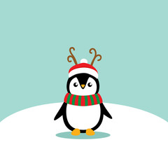 Holiday Christmas greeting card with Penguin cartoon. Vector illustration
