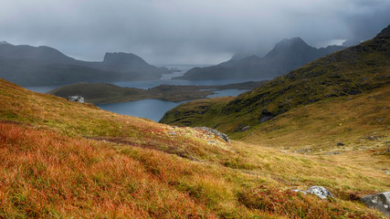 rain weather  mountains of Norway on the Lofoten islands in autumn