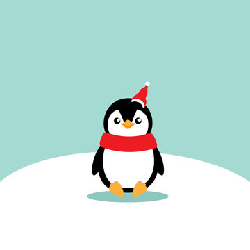 Holiday Christmas greeting card with Penguin cartoon. Vector illustration