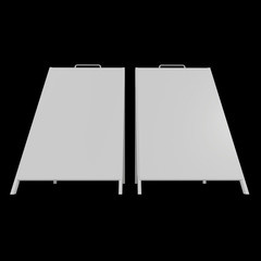 Sandwich board. Blank menu outdoor display with clipping path. Trade show booth white and blank. 3d render on black background. High Resolution Template for your design.