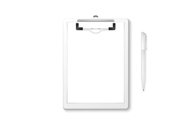 Vector 3d Realistic White Clipboard with Blank Paper, Metal Clip, Automatic Pen Set Closeup Isolated on White Background. Design Template for Notes, Mockup, Checklist, Questionnaire, Reminders