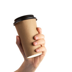 Man hand holding brown paper cup of coffee with black lid isolated on white background.