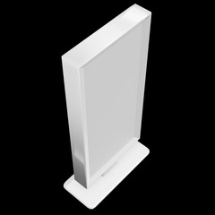 LCD Screen Stand. Blank Trade Show Booth. 3d render of lcd tv on black background. High Resolution. Ad template for your expo design.