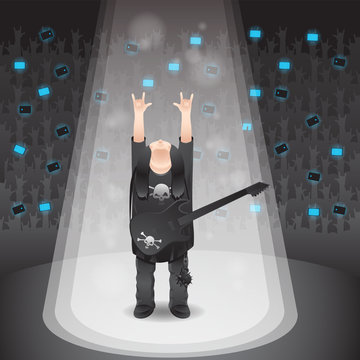 Illustration of a rock singer showing off a horn gesture on an isolated background. Vector image