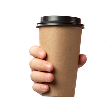 Man Hand Holding Brown Paper Cup Of Coffee With Black Lid Isolated On White Background.