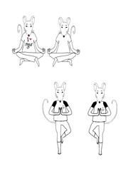 Set of yoga mice on a white background - Fantasy character. Symbol of 2020. Outline drawing of a yoga mouse (rat), coloring page. Seamless pattern for printing on fabric, wrapping paper, postcard