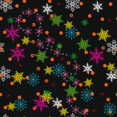 Fototapeta na wymiar Seamless pattern. Multi-colored Snowflakes on a black background.
