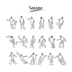 Soccer players kicks the ball. Soccer world cup teams. Vector sketch set.