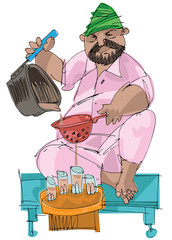 An indian tea vendor pouring tea from mug to cup. Cartoon. Caricature.