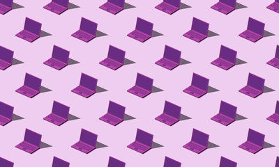 3d render. Many laptop computers seamless texture isometric print. Minimalism flat lay concept of computer science.