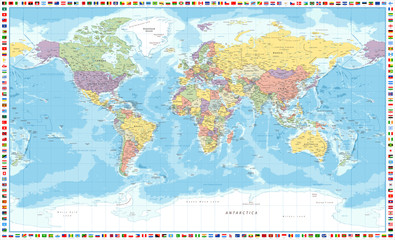 Carte du monde politique et drapeaux - Illustration détaillée vectorielle