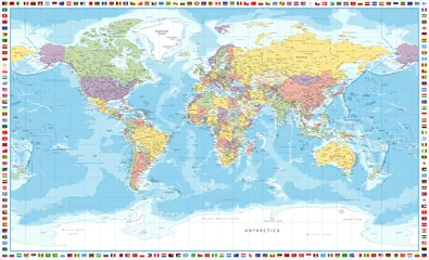 Papier Peint photo Lavable Carte du monde Carte du monde politique et drapeaux - Illustration détaillée vectorielle