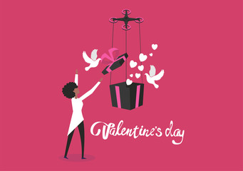 Modern flat design isometric concept of Valentine's day. February 14.  Girl with a gift with hearts, romance pigeons and many details. Black woman.